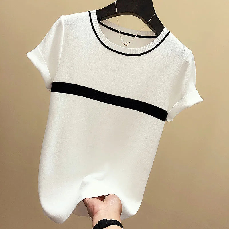 shintimes Thin Knitted T Shirt Women Clothes 2024 Summer Woman Short Sleeve Tees Tops Striped Casual T-Shirt Female Tshirt Femme