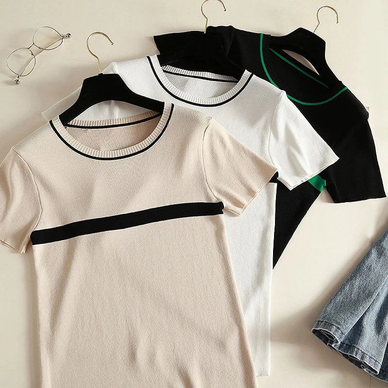 shintimes Thin Knitted T Shirt Women Clothes 2024 Summer Woman Short Sleeve Tees Tops Striped Casual T-Shirt Female Tshirt Femme