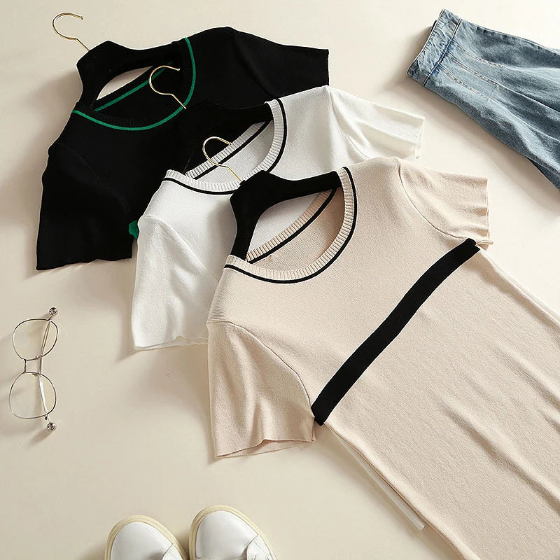 shintimes Thin Knitted T Shirt Women Clothes 2024 Summer Woman Short Sleeve Tees Tops Striped Casual T-Shirt Female Tshirt Femme