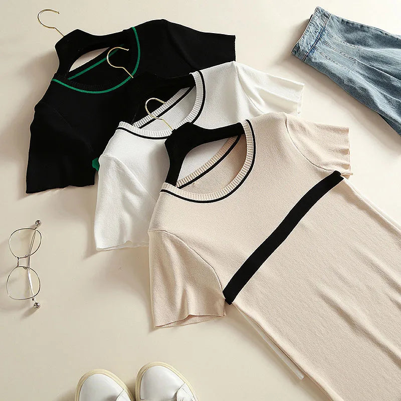 shintimes Thin Knitted T Shirt Women Clothes 2024 Summer Woman Short Sleeve Tees Tops Striped Casual T-Shirt Female Tshirt Femme