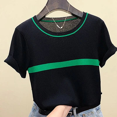 shintimes Thin Knitted T Shirt Women Clothes 2024 Summer Woman Short Sleeve Tees Tops Striped Casual T-Shirt Female Tshirt Femme
