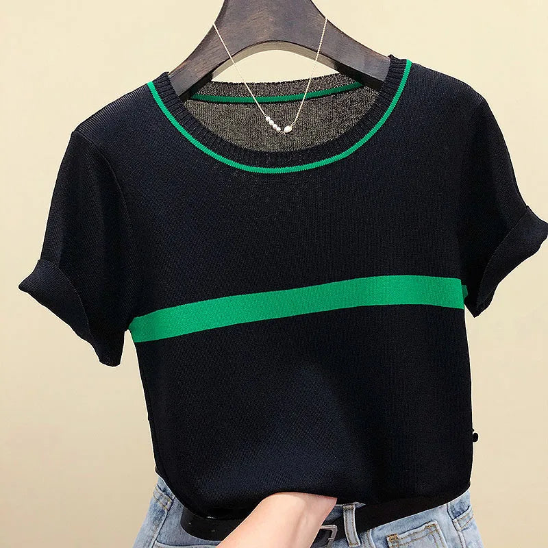 shintimes Thin Knitted T Shirt Women Clothes 2024 Summer Woman Short Sleeve Tees Tops Striped Casual T-Shirt Female Tshirt Femme