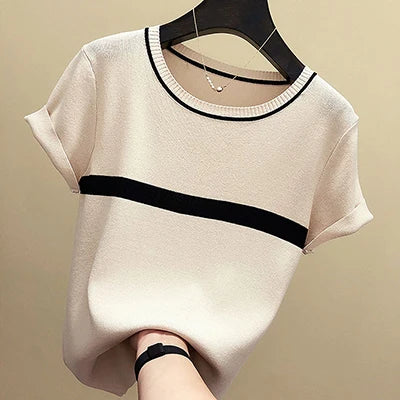 shintimes Thin Knitted T Shirt Women Clothes 2024 Summer Woman Short Sleeve Tees Tops Striped Casual T-Shirt Female Tshirt Femme