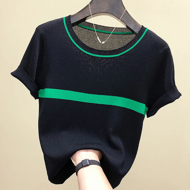 shintimes Thin Knitted T Shirt Women Clothes 2024 Summer Woman Short Sleeve Tees Tops Striped Casual T-Shirt Female Tshirt Femme