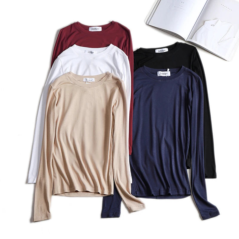 Plain Cotton Women T Shirt High Quality Elastic Basic Solid Long Sleeve T-shirts Female Casual Tops Korean Thin O Neck Tshirt