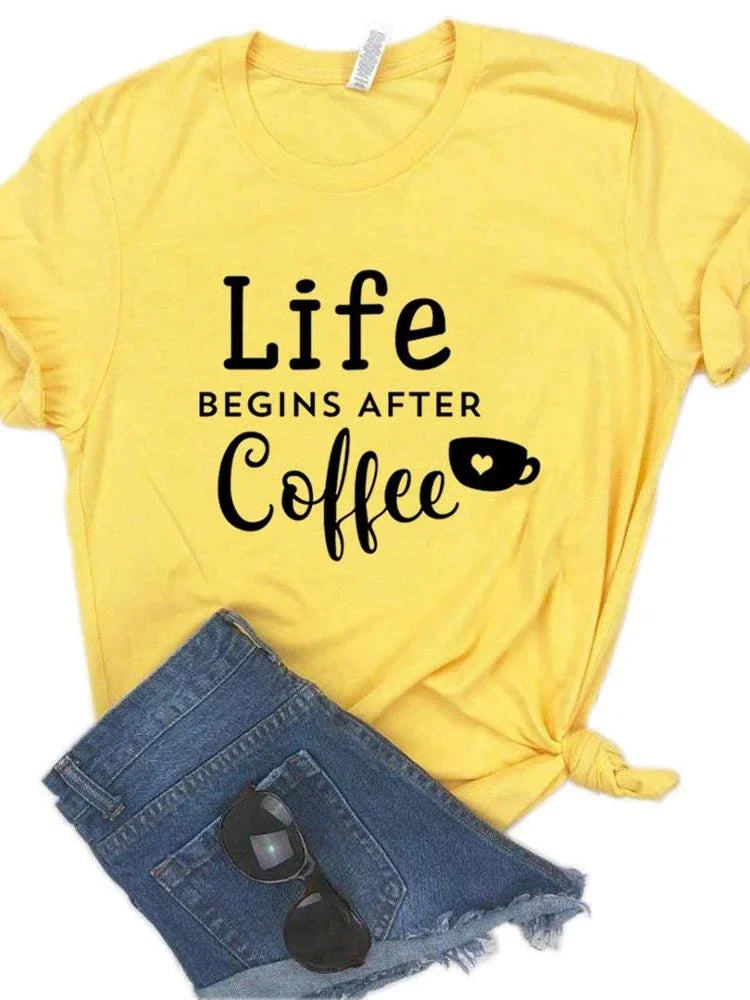 Women T Shirt Life Begins After Coffee Print Tshirt Women Short Sleeve O Neck Loose T-shirt Ladies Causal Tee Shirt Tops