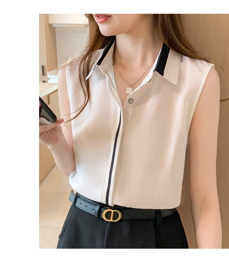 White Shirt Tank Tops Blouse for Women Summer Fashion Shirts and Blouses Basic OL Sleeveless Womens Tops Chiffon Female Clothing