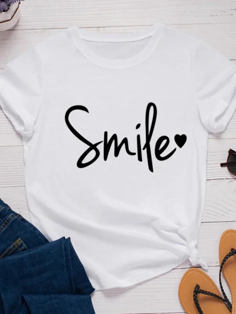 Women Tshirt Ladies Shirt Clothes Camisetas Mujer Smile Heart Print Women T Shirt Short Sleeve Summer Casual Streetwear Top Tees