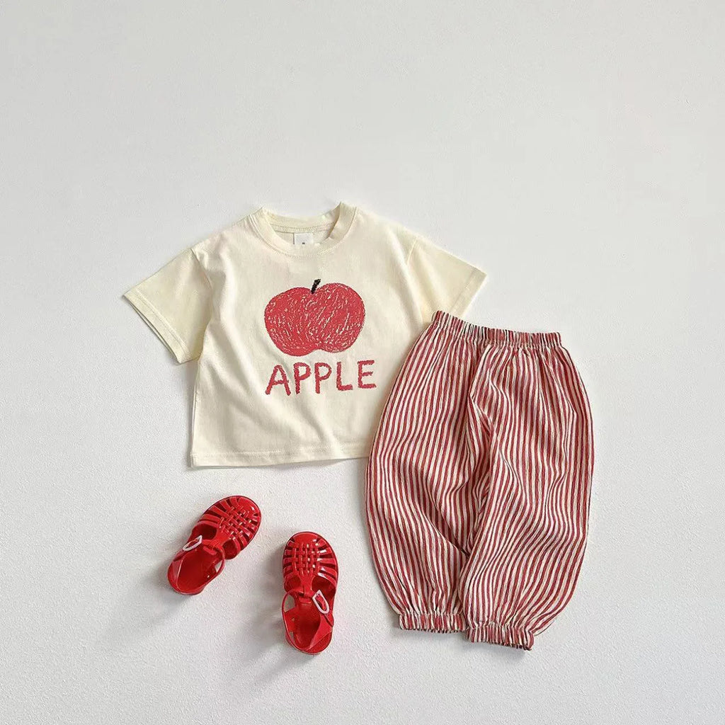 Fruit Tshirt Plaid Shorts 2Piece Set Boys And Girls Cute Tees Loose Shorts Kids New Simple Round Neck Tops+Shorts Kids Suit