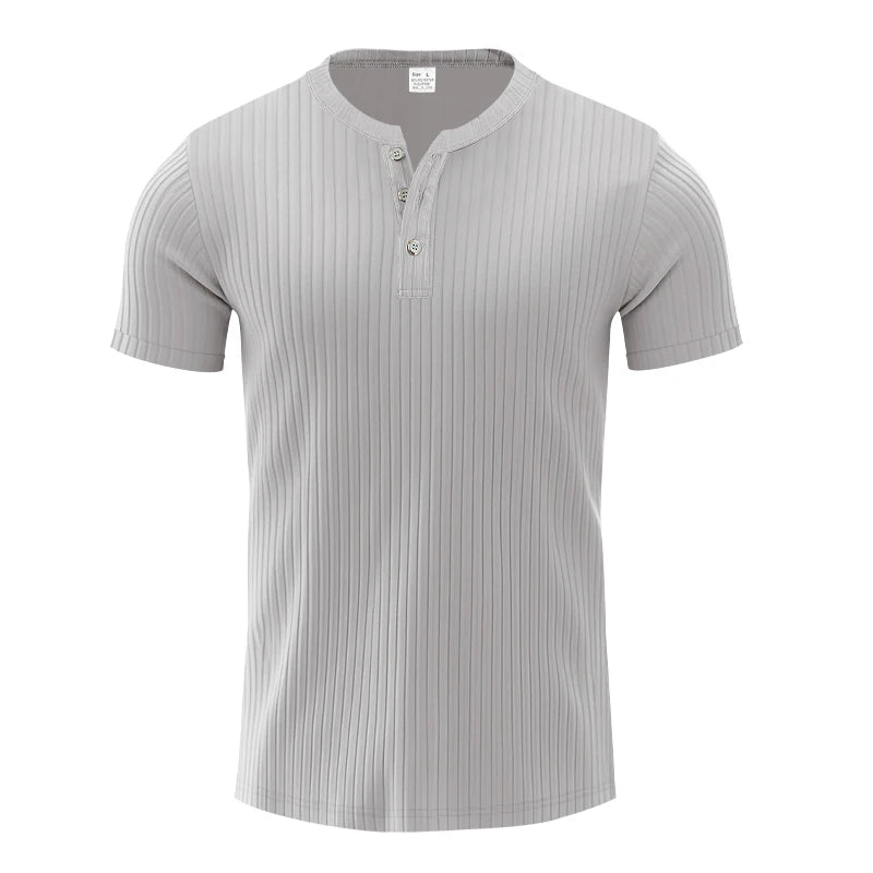 Mens Stylish Stripe Knit T-shirt -Fashionable Henley Neck, Short Sleeves, Soft & Breathable - Perfect Comfy Tops for Leisurewear