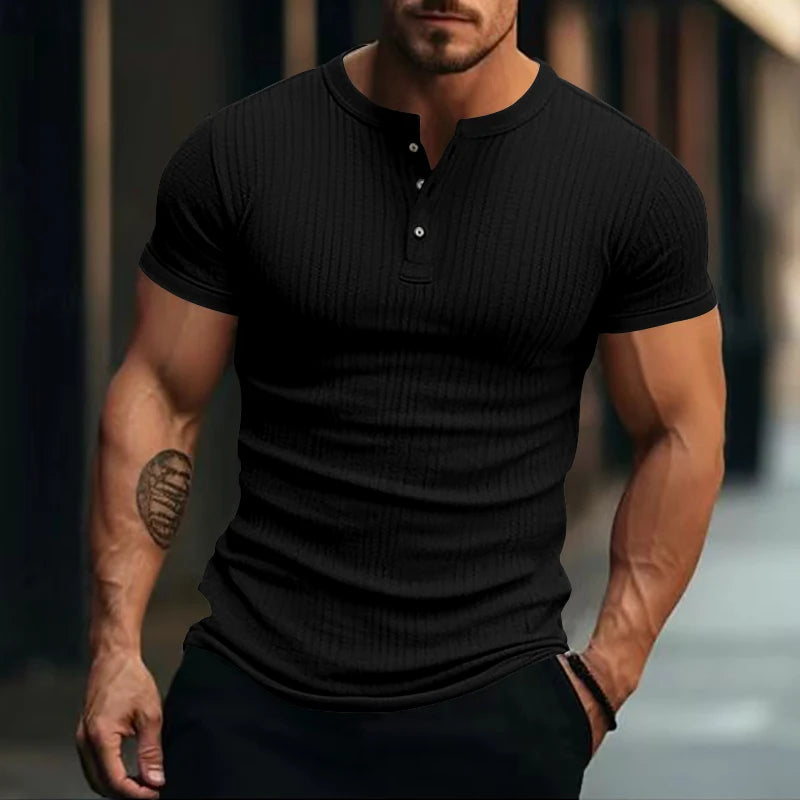 Mens Stylish Stripe Knit T-shirt -Fashionable Henley Neck, Short Sleeves, Soft & Breathable - Perfect Comfy Tops for Leisurewear