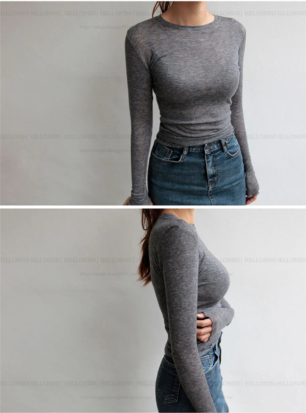 High Quality Plain T Shirt Women Cotton Elastic Basic T-shirts Female Casual Tops Long Sleeve Sexy Thin T-shirt see through