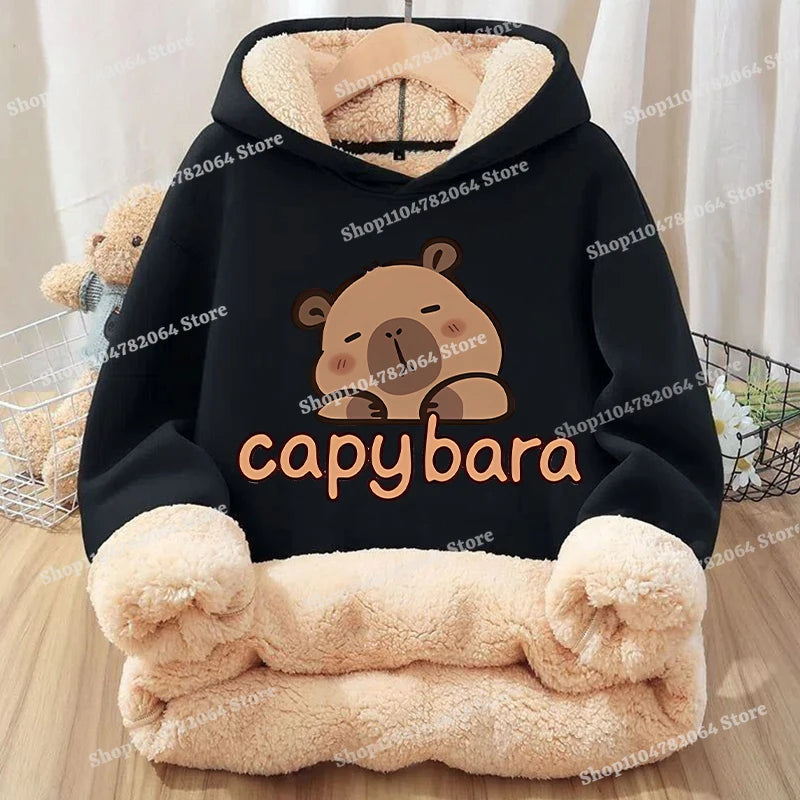 Kawaii Capybara Children's Clothing Lamb Wool Pullover Hoodies Boys Girls Winter Warm Thick Long Sleeved Sweatshirt Anime Gifts