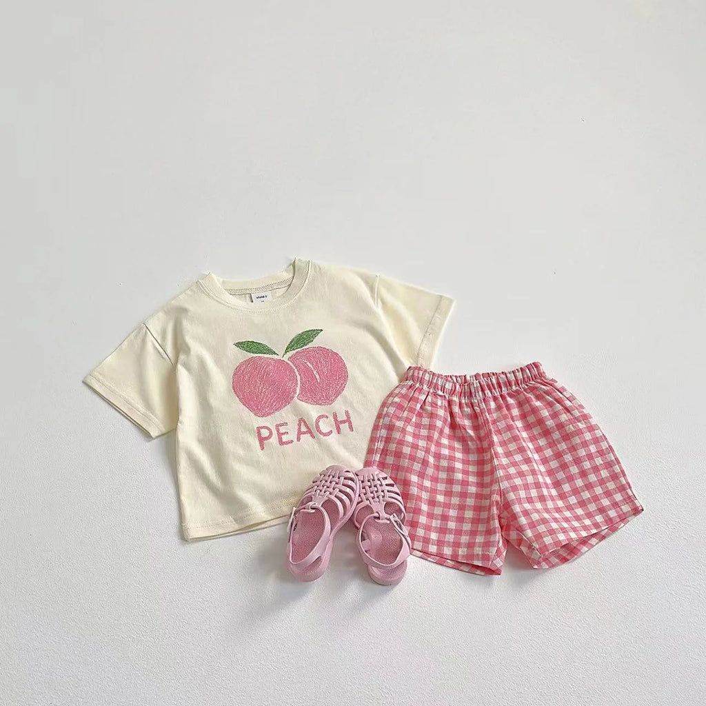 Fruit Tshirt Plaid Shorts 2Piece Set Boys And Girls Cute Tees Loose Shorts Kids New Simple Round Neck Tops+Shorts Kids Suit