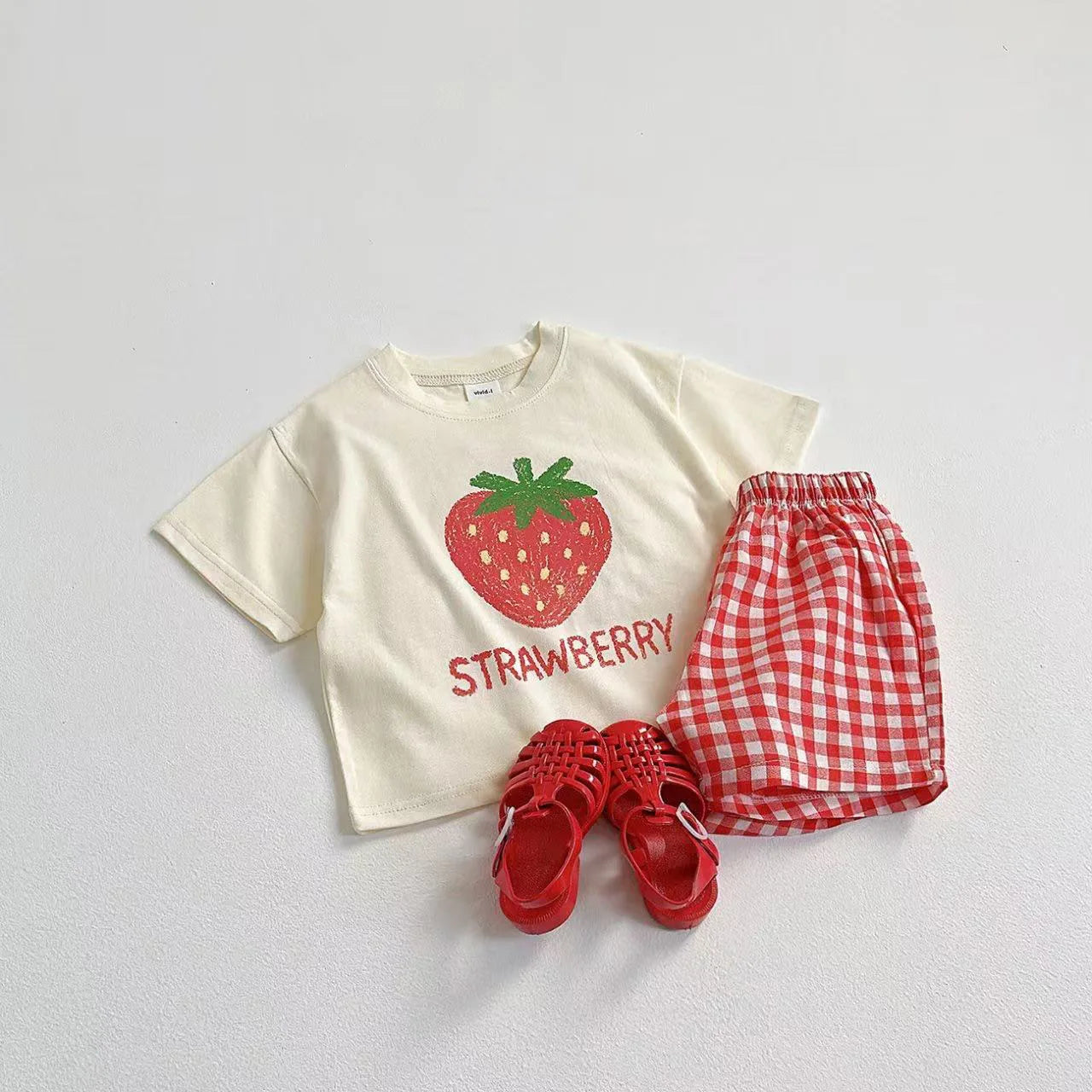 Fruit Tshirt Plaid Shorts 2Piece Set Boys And Girls Cute Tees Loose Shorts Kids New Simple Round Neck Tops+Shorts Kids Suit