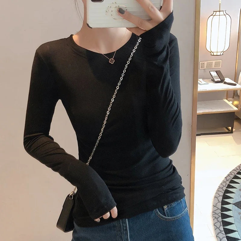 Women 2026 High Quality Plain T Shirt  Cotton Elastic Basic T-shirts Female Casual Tops Long Sleeve Sexy Thin T-shirt