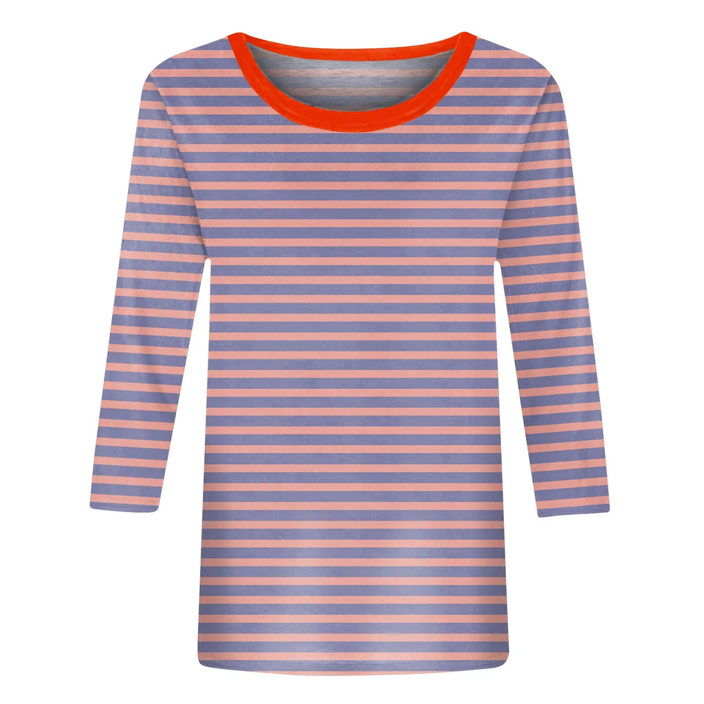 Women's Summer T-Shirts Fashion Casual Everyday Versatile O-Neck 3/4 Length Sleeve Tops Striped Print T-Shirt Tops Plus Size