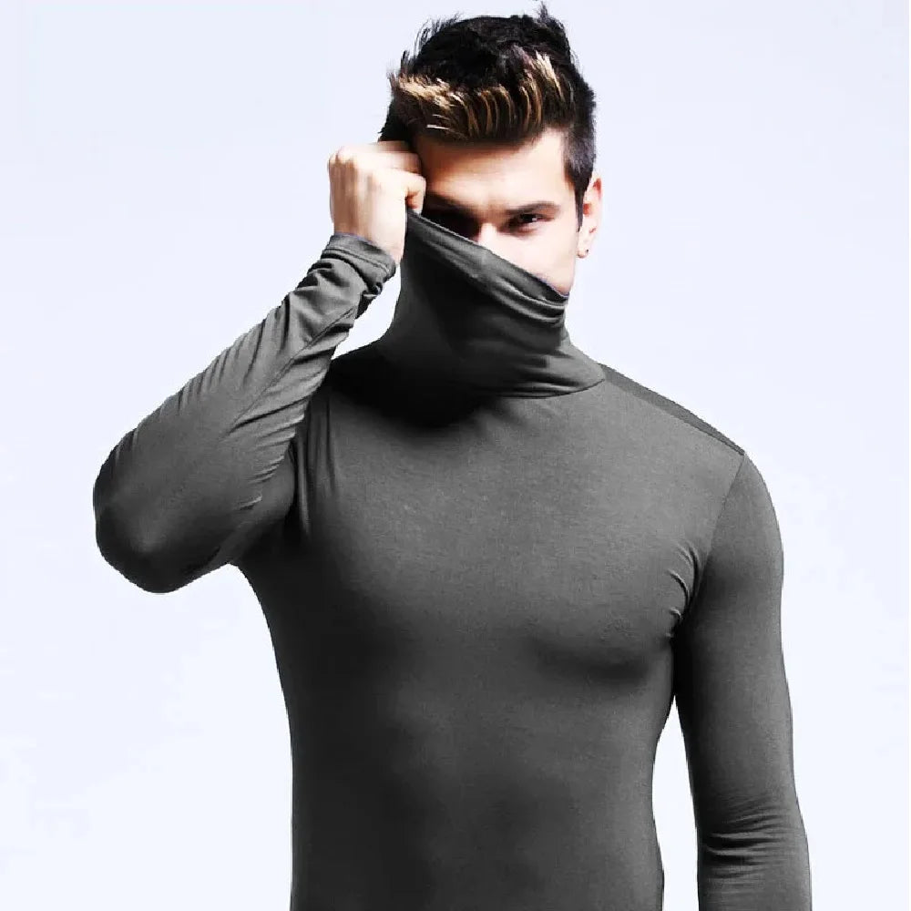 Basic Bottoming Plain T-shirt Fashion Men's Casual Slim Fit Basic Turtleneck High Collar Pullover Male Autumn Spring Thin Tops