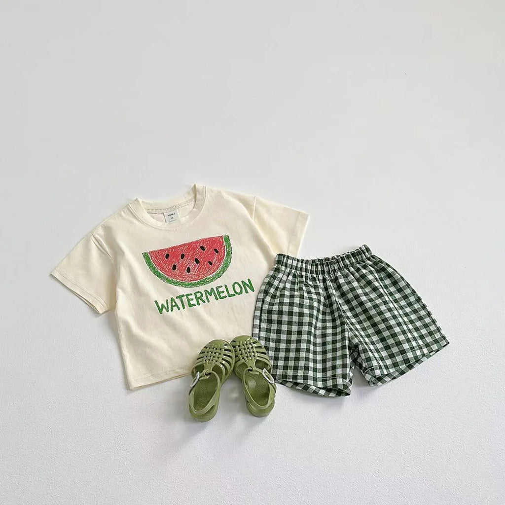 Fruit Tshirt Plaid Shorts 2Piece Set Boys And Girls Cute Tees Loose Shorts Kids New Simple Round Neck Tops+Shorts Kids Suit