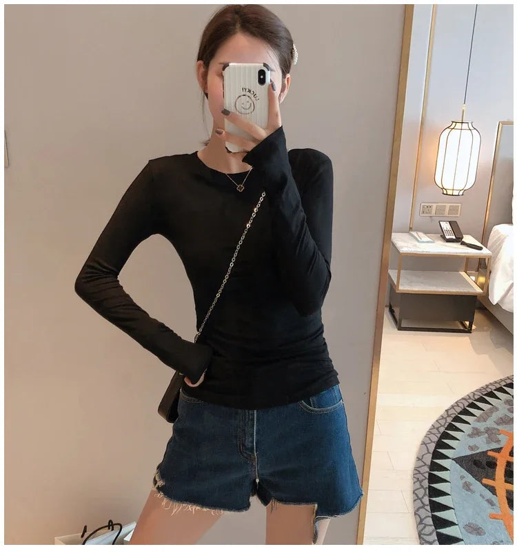 Women 2026 High Quality Plain T Shirt  Cotton Elastic Basic T-shirts Female Casual Tops Long Sleeve Sexy Thin T-shirt