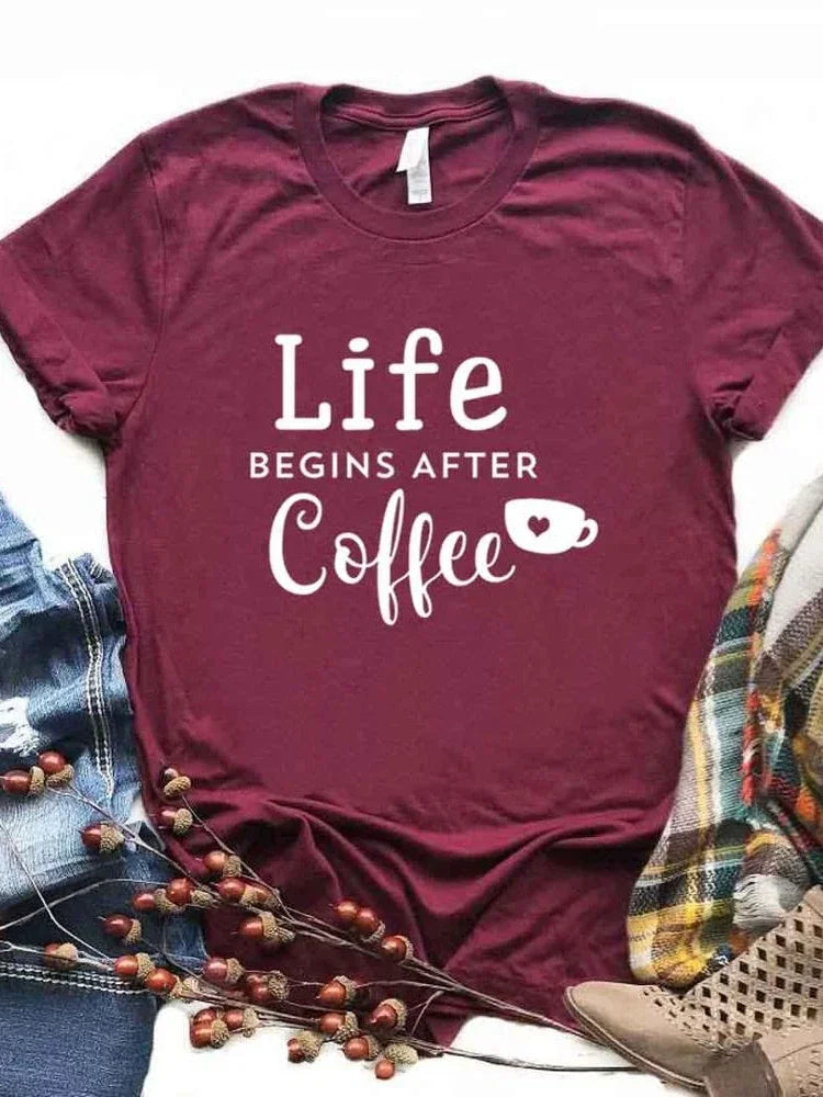 Women T Shirt Life Begins After Coffee Print Tshirt Women Short Sleeve O Neck Loose T-shirt Ladies Causal Tee Shirt Tops