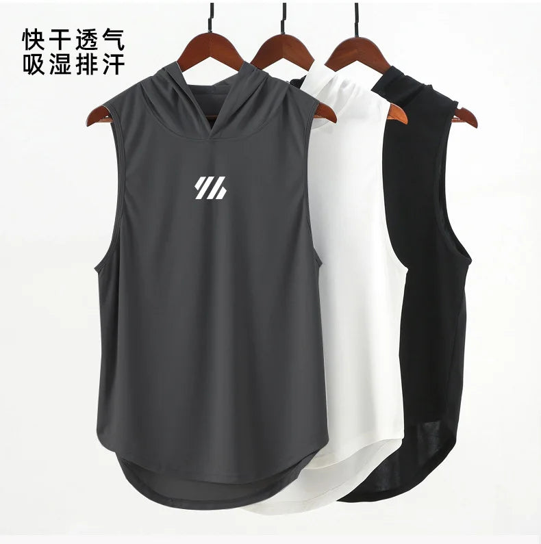 Mens Gym Tank top Men Fitness Sleeveless hooded Shirt Male Mesh Breathable Fitness Sports Vest Undershirt Gyms Running Vest Men