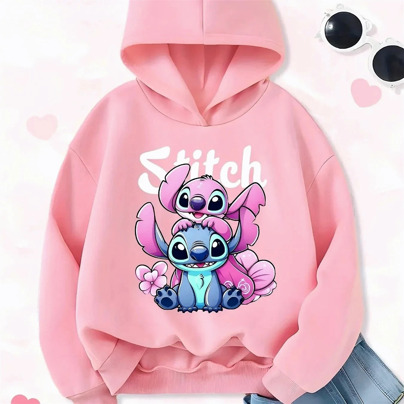 High-quality Printed Stitch and Lilo Pattern Boys and Girls Sweatshirt with Red Heart Design Autumn and Winter Pullover Fashion