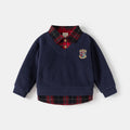 2-6Y Kids Girls Boys Plaid Shirt Baby Boy Clothes Fake Two-Piece Sweatshirt Collar Embroidery Badge Pullover Spring Casual Top
