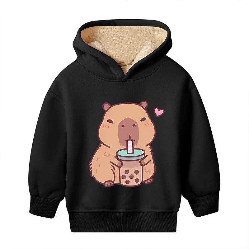 Kawaii Capybara Children's Clothing Lamb Wool Pullover Hoodies Boys Girls Winter Warm Thick Long Sleeved Sweatshirt Anime Gifts