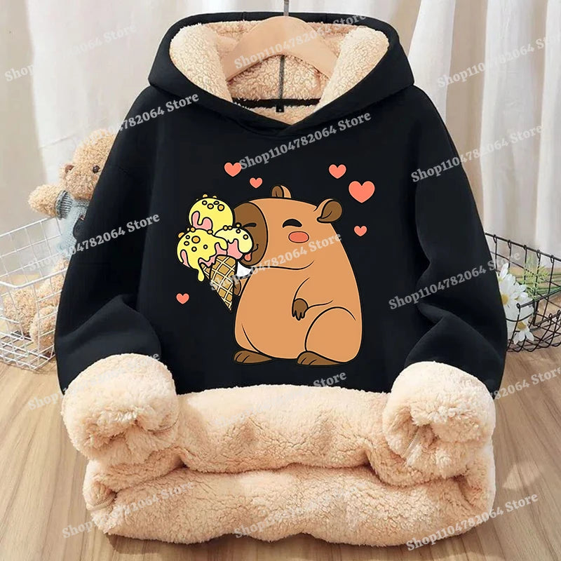 Kawaii Capybara Children's Clothing Lamb Wool Pullover Hoodies Boys Girls Winter Warm Thick Long Sleeved Sweatshirt Anime Gifts