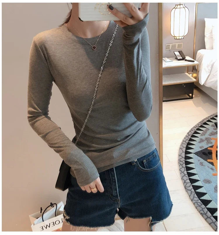 Women 2026 High Quality Plain T Shirt  Cotton Elastic Basic T-shirts Female Casual Tops Long Sleeve Sexy Thin T-shirt