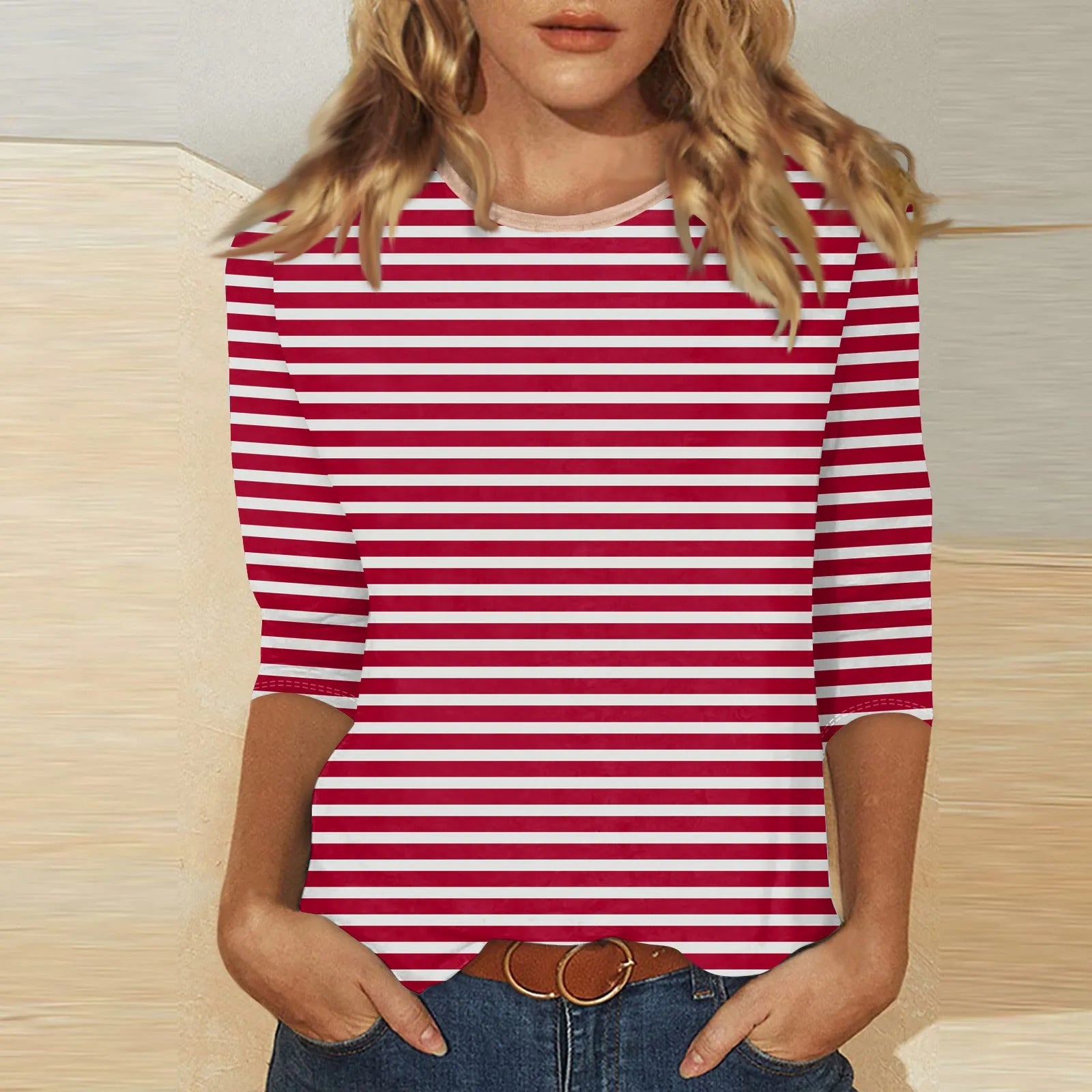 Women's Summer T-Shirts Fashion Casual Everyday Versatile O-Neck 3/4 Length Sleeve Tops Striped Print T-Shirt Tops Plus Size