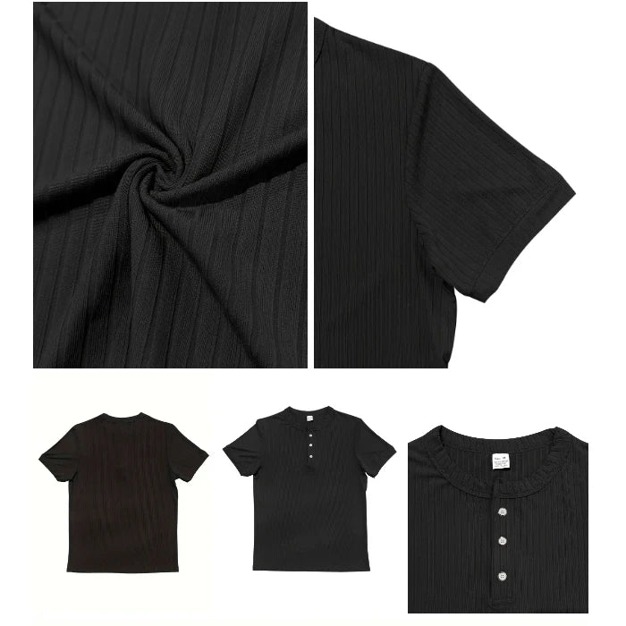 Mens Stylish Stripe Knit T-shirt -Fashionable Henley Neck, Short Sleeves, Soft & Breathable - Perfect Comfy Tops for Leisurewear