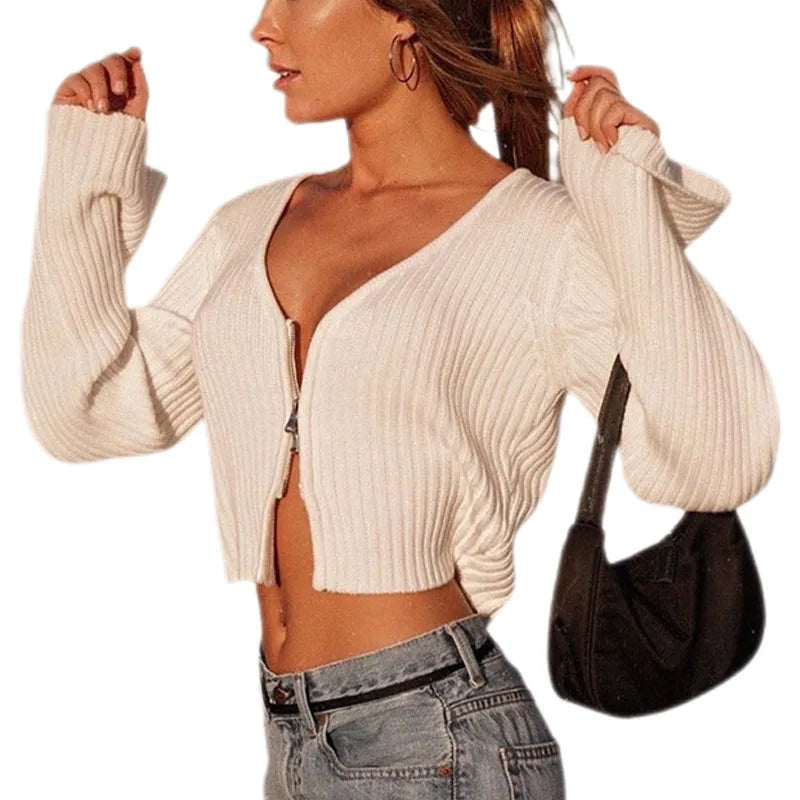 Women's Knitted T-shirt Solid Color Long Sleeve Zipper Closure Top Clothes Casual Outwear Simple Crop Tops Streetwear