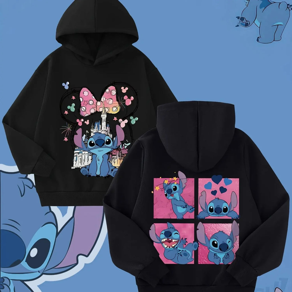 High-quality Printed Stitch and Lilo Pattern Boys and Girls Sweatshirt with Red Heart Design Autumn and Winter Pullover Fashion