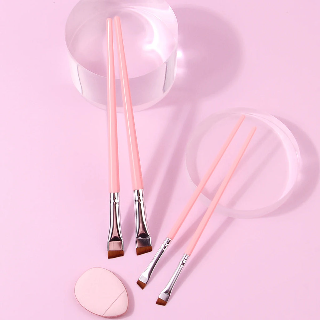 Makeup brush set: ultra-fine eyeliner brush + slanting eyebrow brush + under-eyelid to under-eye brush with mini powder puff