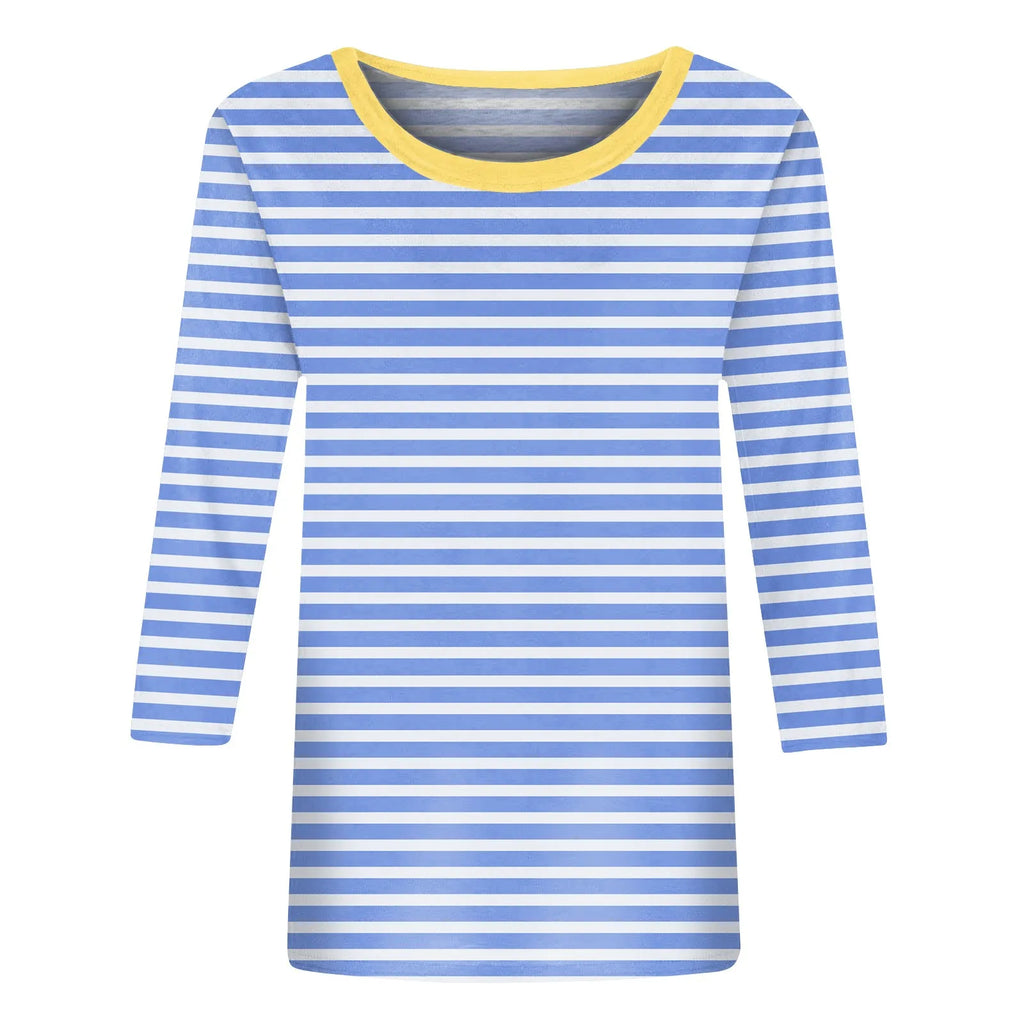 Women's Summer T-Shirts Fashion Casual Everyday Versatile O-Neck 3/4 Length Sleeve Tops Striped Print T-Shirt Tops Plus Size