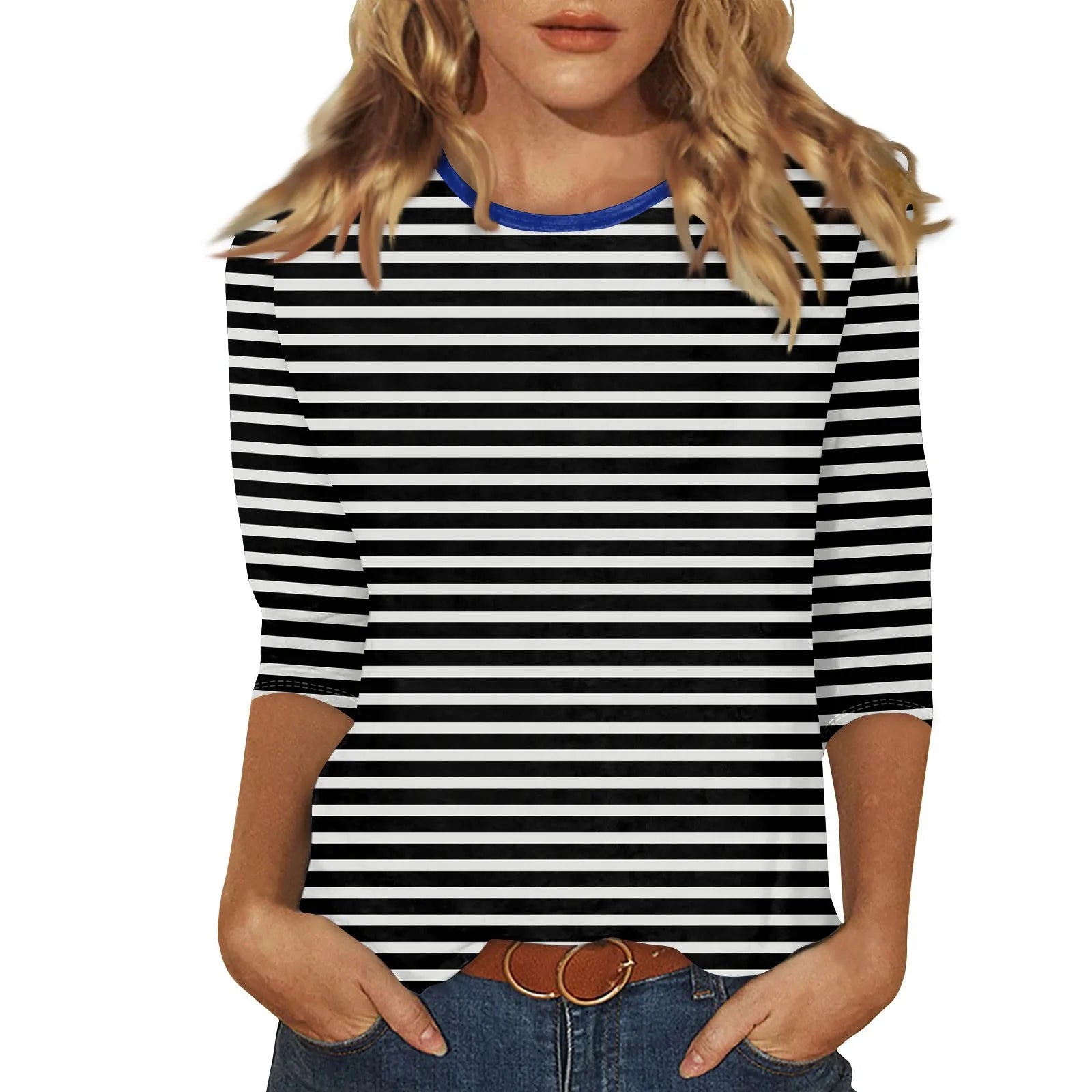 Women's Summer T-Shirts Fashion Casual Everyday Versatile O-Neck 3/4 Length Sleeve Tops Striped Print T-Shirt Tops Plus Size
