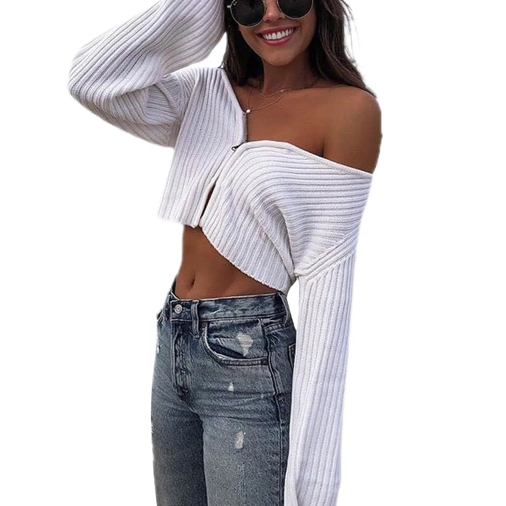 Women's Knitted T-shirt Solid Color Long Sleeve Zipper Closure Top Clothes Casual Outwear Simple Crop Tops Streetwear