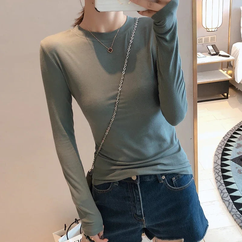 Women 2026 High Quality Plain T Shirt  Cotton Elastic Basic T-shirts Female Casual Tops Long Sleeve Sexy Thin T-shirt