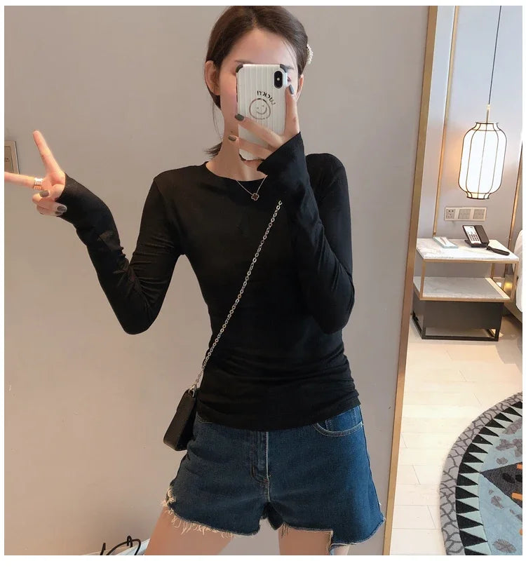 Women 2026 High Quality Plain T Shirt  Cotton Elastic Basic T-shirts Female Casual Tops Long Sleeve Sexy Thin T-shirt