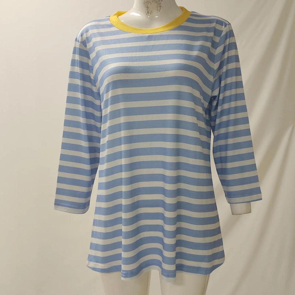 Women's Summer T-Shirts Fashion Casual Everyday Versatile O-Neck 3/4 Length Sleeve Tops Striped Print T-Shirt Tops Plus Size