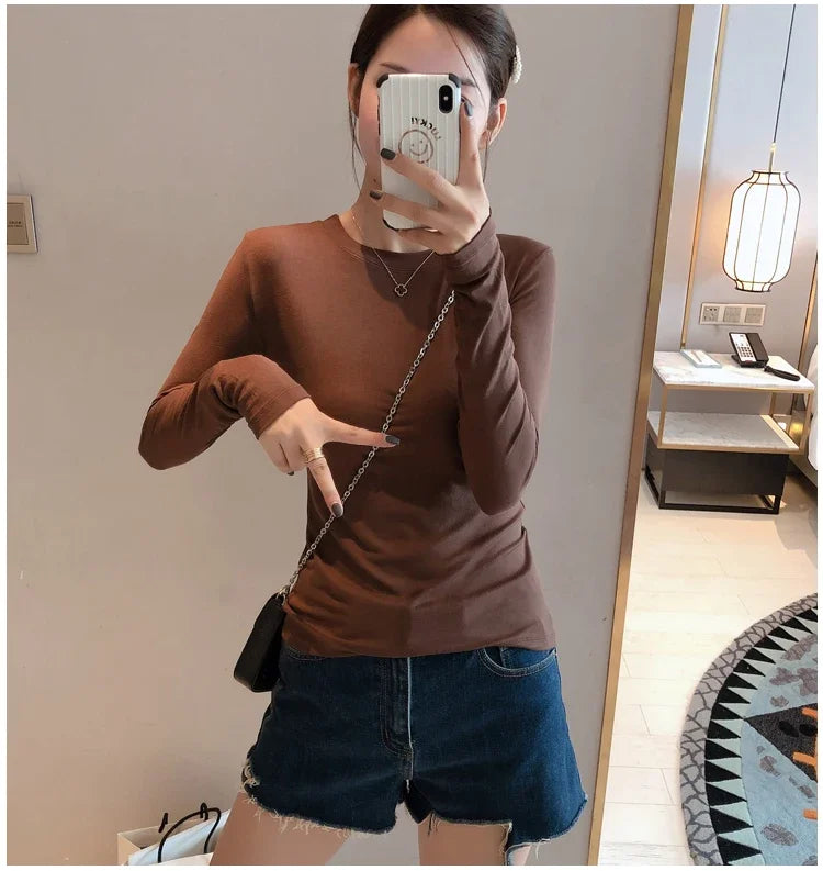 Women 2026 High Quality Plain T Shirt  Cotton Elastic Basic T-shirts Female Casual Tops Long Sleeve Sexy Thin T-shirt