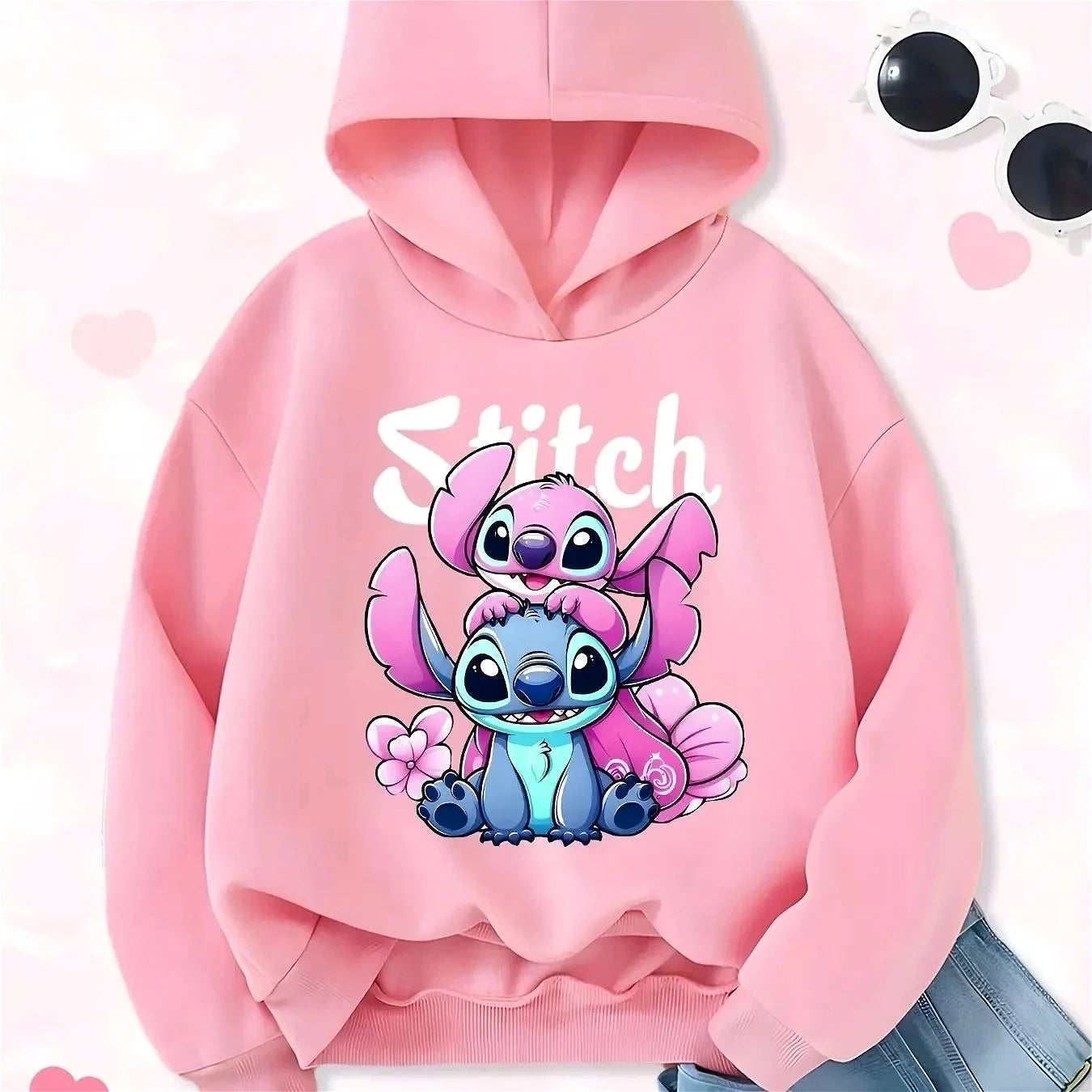 High-quality Printed Stitch and Lilo Pattern Boys and Girls Sweatshirt with Red Heart Design Autumn and Winter Pullover Fashion