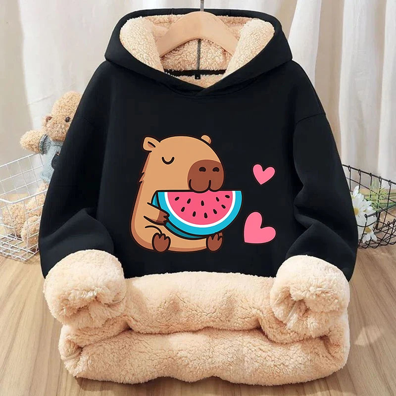 Kawaii Capybara Children's Clothing Lamb Wool Pullover Hoodies Boys Girls Winter Warm Thick Long Sleeved Sweatshirt Anime Gifts