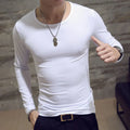 Mens Casual Slim Fit Long Sleeve T-Shirts O-Neck Man Elastic Lightweight Base Layer Male T Shirt Solid Color Tops Tees White