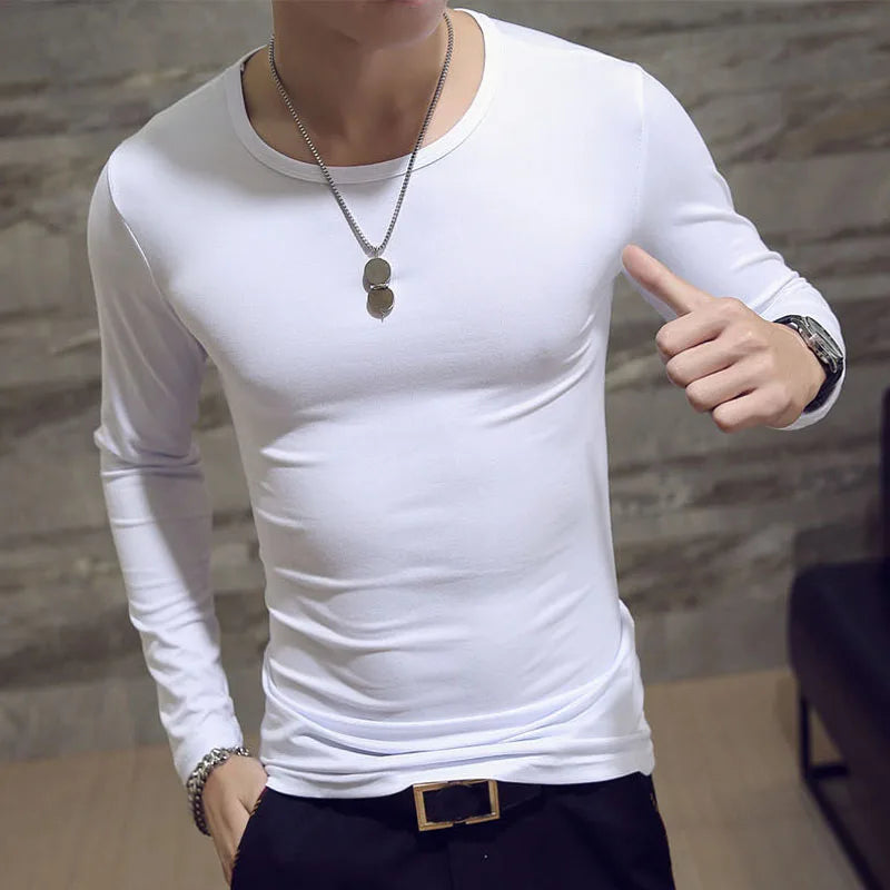 Mens Casual Slim Fit Long Sleeve T-Shirts O-Neck Man Elastic Lightweight Base Layer Male T Shirt Solid Color Tops Tees White