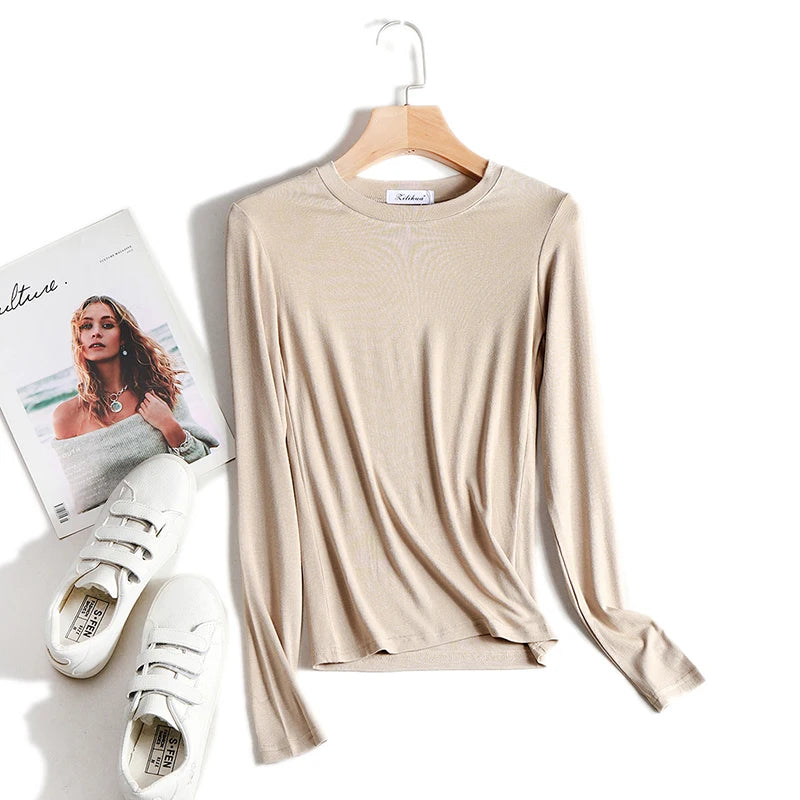 Plain Cotton Women T Shirt High Quality Elastic Basic Solid Long Sleeve T-shirts Female Casual Tops Korean Thin O Neck Tshirt