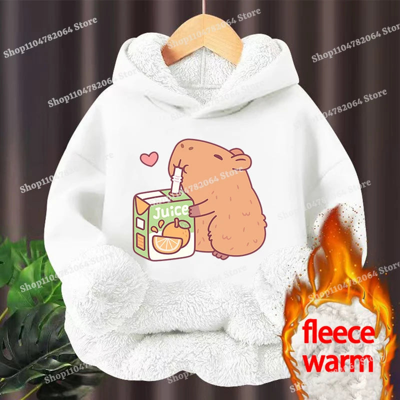 Kawaii Capybara Children's Clothing Lamb Wool Pullover Hoodies Boys Girls Winter Warm Thick Long Sleeved Sweatshirt Anime Gifts