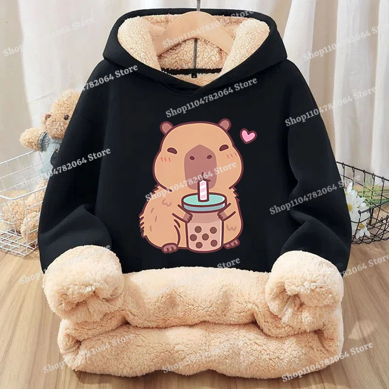 Kawaii Capybara Children's Clothing Lamb Wool Pullover Hoodies Boys Girls Winter Warm Thick Long Sleeved Sweatshirt Anime Gifts